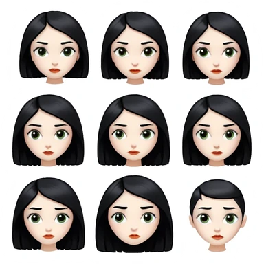 a Slavic-looking girl with black hair with a square hairstyle, in the style of illustrations by Tim Burton, expresses different emotions sticker