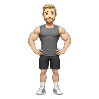 Full height Pale skinned muscular man With Realistic eyes and mouth, light brown hair and stubble In dark gray sleeveless mike, black oversize sports shorts, watch and white sneakers. sticker
