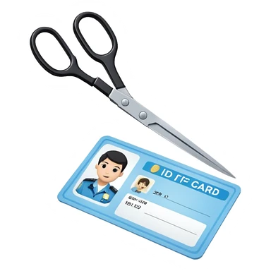 Floating black Scissors cutting a light blue idf ID card in 2 parts .hyper realistic sticker