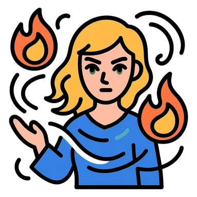 blonde woman with green eyes casting fireballs with magical energy swirling around her, color outline icon style sticker