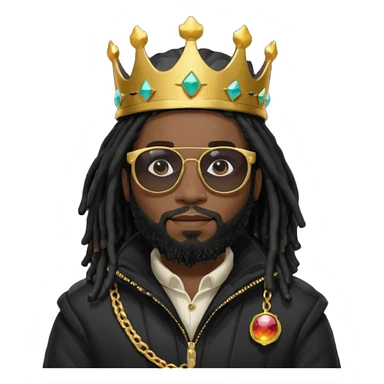 African American man with beardwith shoulder length black dreadlocks wearing black sunglasses with black bubble winter coat weariring a crown on his head sticker