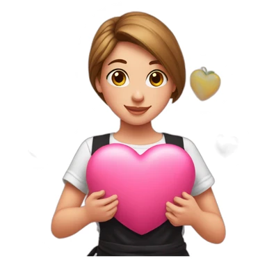 girl in a white T-shirt and a black apron holds a huge pink heart sticker