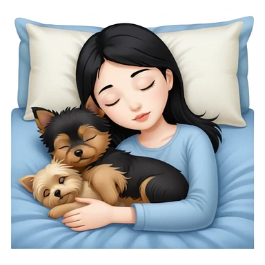 pretty asian girl with black hair sleeping in bed with small yorkshire terrier sticker
