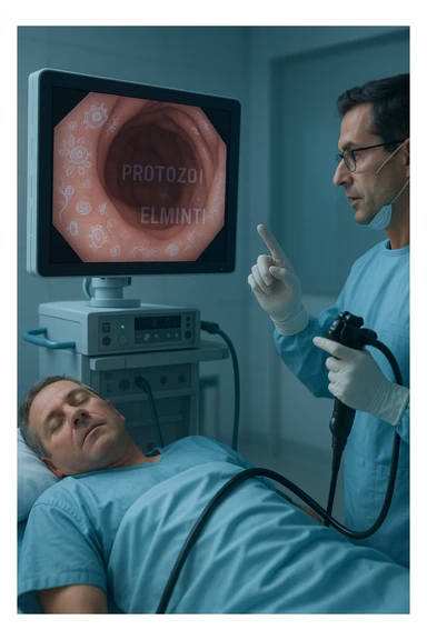 A medical cinematic illustration showing a patient undergoing a colonoscopy in a modern clinical setting. On the monitor, the endoscopic camera shows smooth, healthy-looking intestinal mucosa — clean and without evidentiary signs. But layered symbolically in the background (or faded into the intestinal wall), tiny parasitic organisms like protozoa and helminths are subtly depicted hiding between folds, or embedded deeper in tissues, undetectable by the surface-only scope. The doctor gestures with confidence, while the patient remains unaware that the test might not reveal the true underlying infection. The scene has cool clinical lighting, shallow depth of field, and realistic anatomy, overlaid with symbolic, almost ghost-like imagery of parasites in italiano sticker