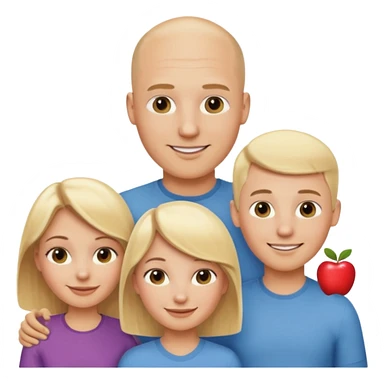 a caucasian family with a bald man, a blonde woman, two blonde girls and one blonde boy, apple style emoji sticker