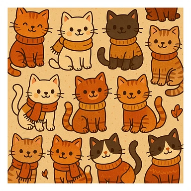 cute cats in scarves and sweaters, seamless pattern, autumn colors, warm and cozy vibe, playful cartoon style sticker