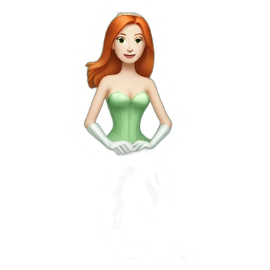 white skin redhead queen with straight hair wearing white gloves on her throne, wearing a green dress sticker