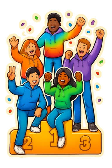 Change to a different pose and add confetti. Keep the group of five multi-racial people on a winners’ podium, no numbers, all in jeans and hoodies, excited, fun, expressive emoji style. sticker