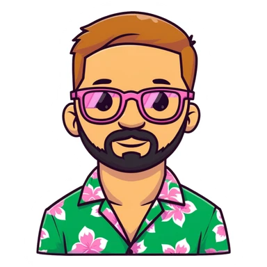 man with light skin tone, short light brown hair and beard, wearing a Hawaiian shirt and pink glasses sticker