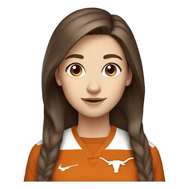 Brown hair, pale skin, woman. Wearing University of Texas Longhorn clothes sticker
