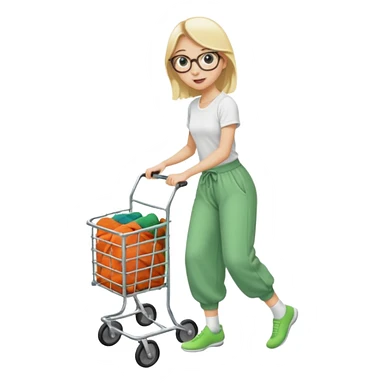 Fille blonde, pantalon d’Aladin vert. Lunettes ronde fine. Elle pousse un bac à roulette remplie de chaussettes  sticker