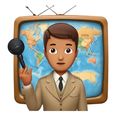 Icon for Documentary Film (TV style): A large vintage TV screen with a serious-looking host standing in front of a map. The host holds a microphone, and the map displays historical or geographical information. Retro TV broadcast style. Transparent background. sticker