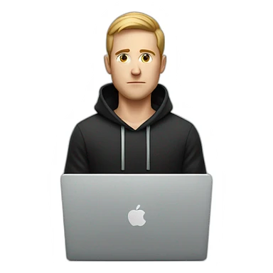 a serious-looking white man wearing a black hoodie behind a laptop sticker
