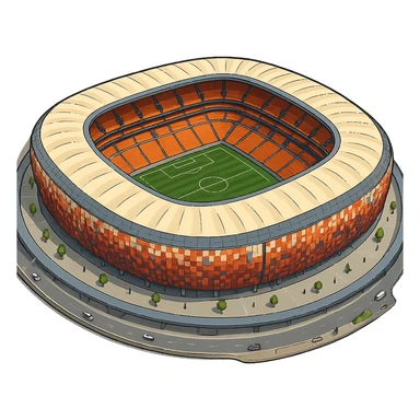 Изометричная, яркая, детализированная и фотореалистичная иллюстрация стадиона FNB Stadium в стиле 3D-коллажей городов, насыщенные цвета, аккуратные и чёткие линии, мультяшно-реалистичная стилистика. Чёткие контуры, не размазанные линии, прозрачный фон, высокое качество. sticker