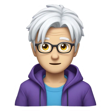 anime character named Saturo Gojo that has white hair, glasses, blue eyes, and wears purple clothing sticker
