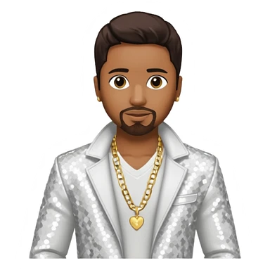 Teddy Riley with dark brown hair, white sequin jacket, shirtless with necklace sticker