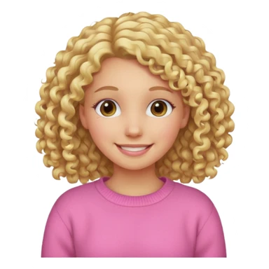 girl with curly blonde hair, smiling, wearing a pink sweater sticker