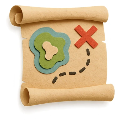 rolled treasure map with an X mark, dotted path, and island details, layered paper effect sticker