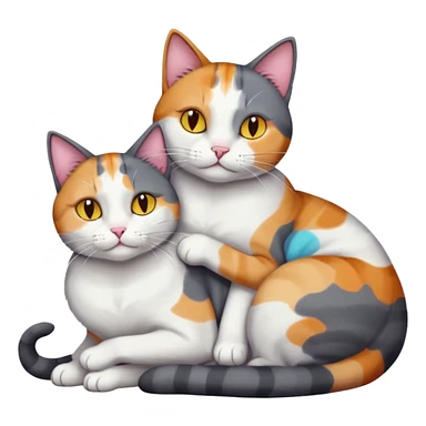 full body large dark grey and white cat cuddling a colourful light patched calico + white tabby cat  sticker