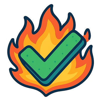 checkmark with fire, playful cartoon style sticker