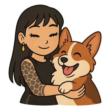 Ghibli-style emoji of an Asian girl with long straight hair, side-swept bangs, black leather dress, gold drop earrings, bold false lashes, and a geometric 3/4 sleeve tattoo on her left arm, hugging a joyful red head tri-color corgi, simplified, emoji-like sticker