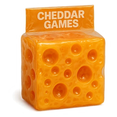 A hyper-detailed, transparent orange cheddar block with Swiss cheese holes, soft plastic texture, soft reflections, and a slightly cloudy, squishy look, like a 90's toy or gummy. The block is sealed in plastic with 'Cheddar Games' on the seal, no background, hyper-realistic, and retro. sticker