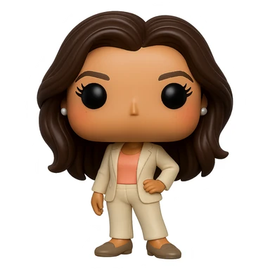 Edit the image to depict Eva Longoria in Funko Pop style vinyl figure with superior quality, luminous smooth tanned skin, detailed dark hair, textured cream blazer, peach top, cream bottoms, small pearly earrings, greige leather loafers clearly visible, cool pose, rosy cheeks, discreet freckles on the cheeks, eyelashes, mischievous and cheerful expression, no mouth, transparent background. sticker