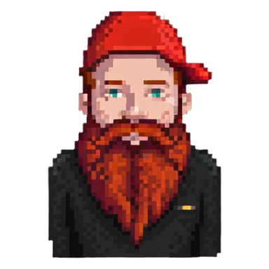 man with a big red beard and a small red hat sticker