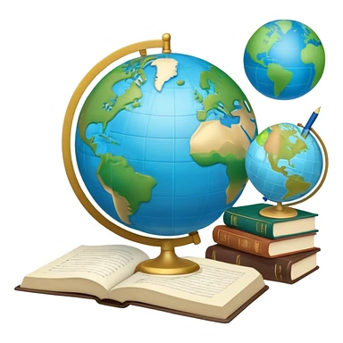 Create an emoji representing language translation. The design should feature a single globe in the background, symbolizing international communication. In front of the globe, place two opened books, with texts in it and a pen nearby to indicate the act of writing and vocabulary. Use a clean and professional color palette with blues, greens, and neutral tones. Do not include any emojis or smiley faces. Make the background transparent sticker