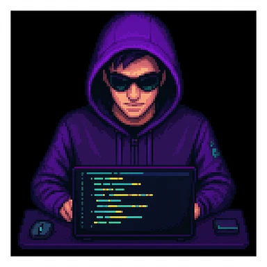 Make the pixel art hacker actively coding on a laptop, with glowing code on the screen, keep the pixel art style sticker