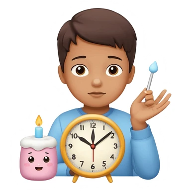 Emoji-style marshmallow test, child choosing between 1 marshmallow now and 2 later, clock above showing 15 minutes, cute lighting and pastel colors sticker
