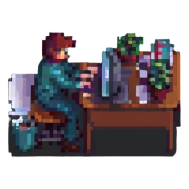 designer working at a computer, pixel art style sticker