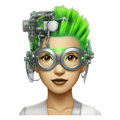 Neon green Mohawk hair Asian female cyborg head with silver steampunk goggles and circuits sticker