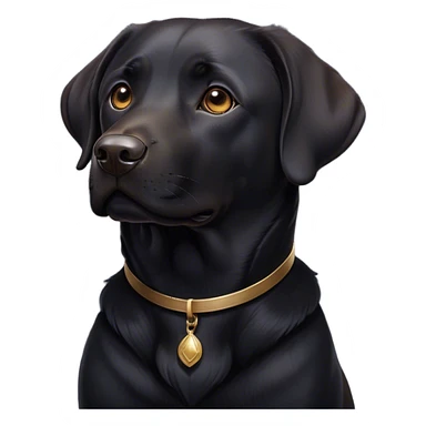 Cinematic Noble Black Labrador Portrait Emoji, Poised and regal, with a robust, muscular build and a sleek, shiny pure black Fur, deep-set soulful brown eyes, Simplified yet sharp and sophisticated features, highly detailed, glowing with a soft, dignified glow, high shine, intelligent and gentle, stylized with an air of confidence, focused and attentive, soft glowing outline, capturing the essence of a watchful and loving companion, so majestic it feels as though it could bound out of the screen with effortless authority! sticker