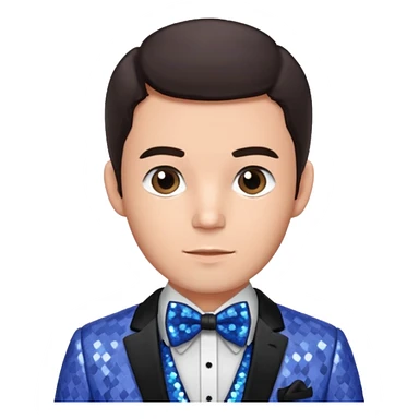 Jonathan Bailey with dark brown hair, perwinkle sequin suit with bow tie sticker