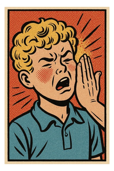 a blond white boy with curly hair being slapped, comic book style, dynamic motion lines sticker