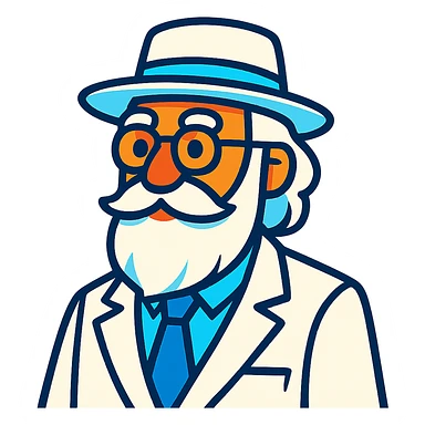 old man with a white hat, long white beard, white moustache, round glasses, white suit, white longish hair, vibrant toon style sticker