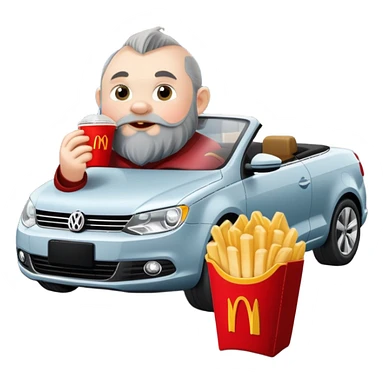 A dwarf eating McDonald's in front of a Volkswagen Eos. sticker
