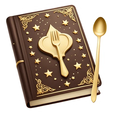 Magical glowing cookbook with a sparkling fork and spoon symbol on the cover, surrounded by tiny stars and magical sparkles sticker