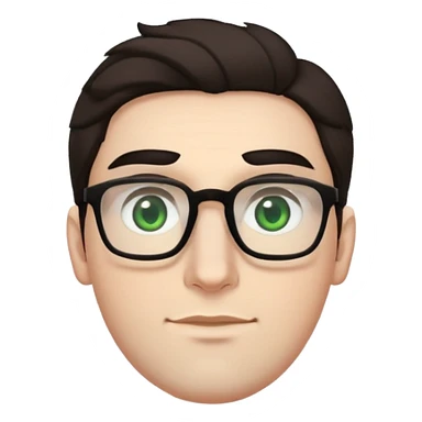 young man with pale skin, larger face, bigger nose, thick dark eyebrows, dark tall voluminous slightly wavy hair styled up high on head but not curly, wearing glasses with green eyes and very light stubble, with a slight smile sticker