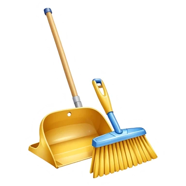 broom and dustpan with sparkles, clean and friendly sticker