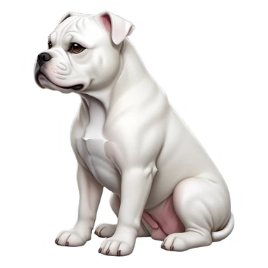 cinematic-[solid white american bulldog]-realistic-full-body-sitting-emoji,-tail-resting-loosely-beside-its-paws,-head-tilted-dramatically,-sleek-[solid white]-fur,-simplified-yet-realistic-focused-features,-highly-detailed,-glowing-with-an-almost-sarcastic-glow sticker