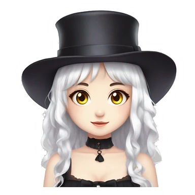 an anime anime girl with white hair and big yellow eyes wearing a top and a hat, cross, 1girl, solo, dark skin, hat, top hat, lolita fashion, fang, mini hat, gothic lolita, dark-skinned female, white background, white eyes, mini top hat sticker