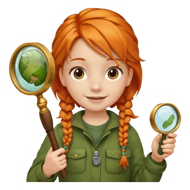 braid orange haired girl kid in moss green explorer outfit, holding magnifying glass sticker