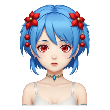 blue haired anime girl with red eyes, two dangly thangs on her head and a white bodysuit sticker
