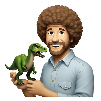 Bob Ross holding a dinosaur sticker