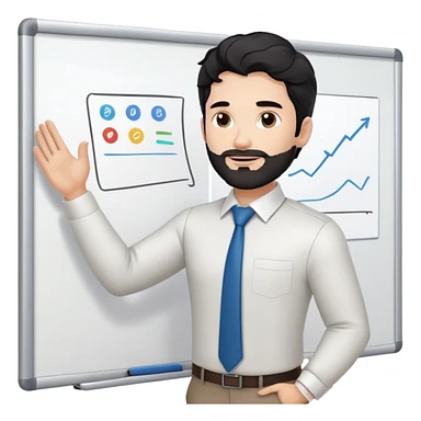 Professional 35-year-old man with black wavy hair, stubble, strong jawline, white skin tone, wearing smart casual business attire, standing in front of a diverse group, facilitating an interactive leadership workshop with whiteboard and participants sticker