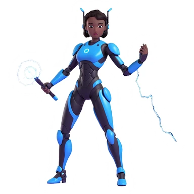 emoji style: slender, glossy black female robot, confident pose, small ear pieces, holding a realistic blue lightning whip, pink hex pattern on thighs and biceps, no grainy or aged look sticker