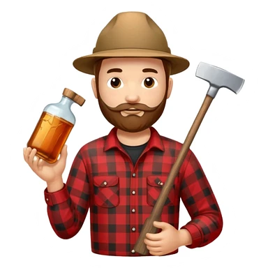 I want a Canadian lumberjack wearing a red and black plaid shirt drinking maple syrup out of the maple syrup bottle and holding a axe in the other sticker