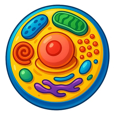 Make the cell and organelles more 3D and vibrant stylized illustration, remove the background, with bright colors and dynamic shading in a vibrant toon style. sticker